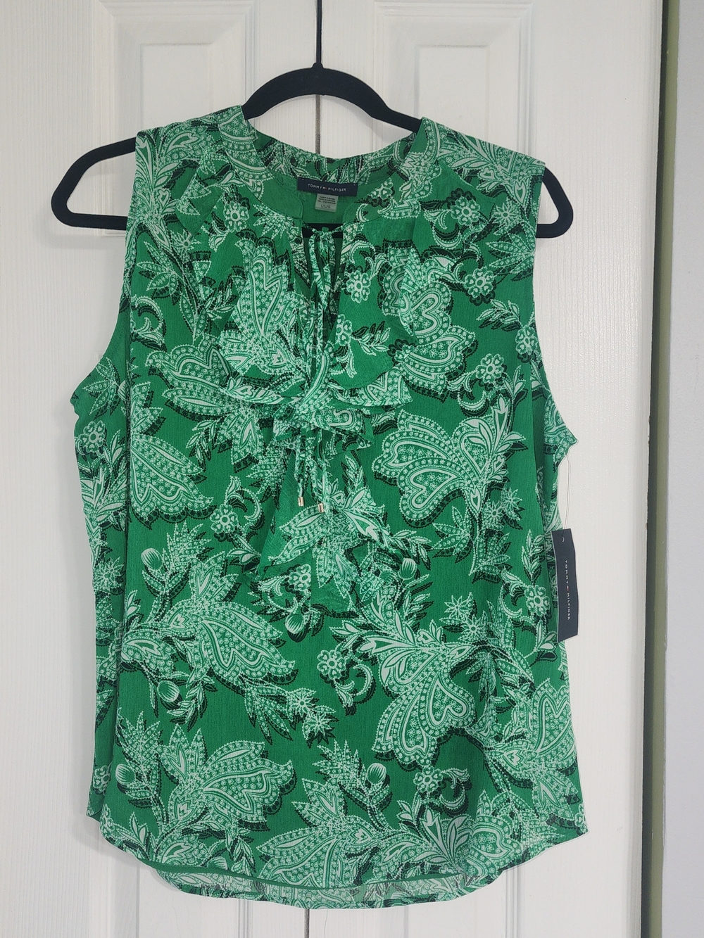 Tommy Hilfiger Green Paisley Ruffle Tie-Neck Sleeveless Top